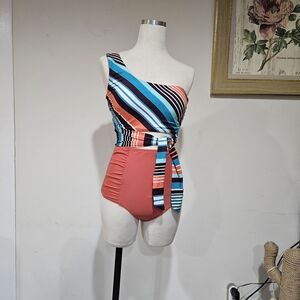 Aerie Blue and Orange, 2 Piece One-Shoulder Swimsuit with Ruching. NWOT